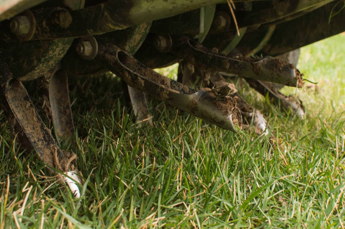 Lawn aerator performing maintenance on a lawn before fall.